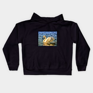 Swan wading on water in sunshine Kids Hoodie